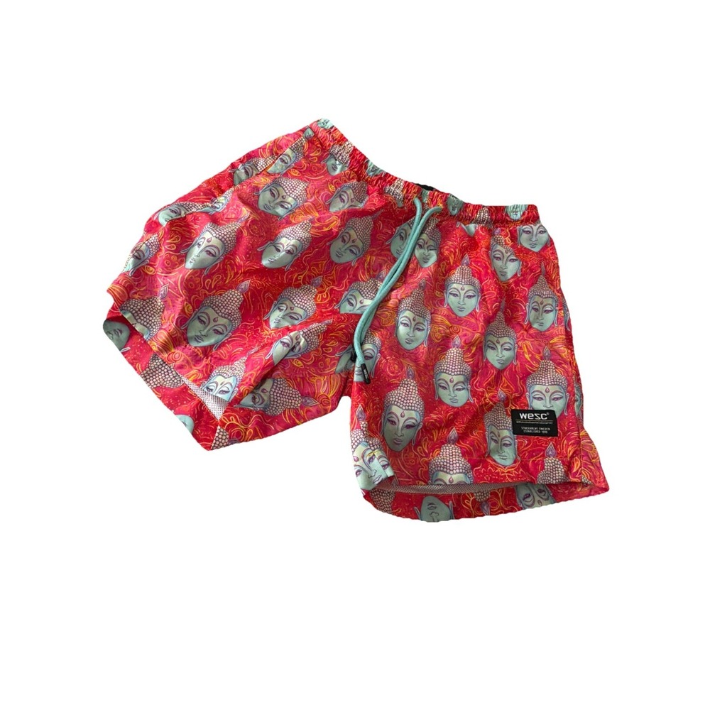 WeSC Mens Size M Austin Style Buddha Print Shorts Pink Fishing  Swimming Vaca